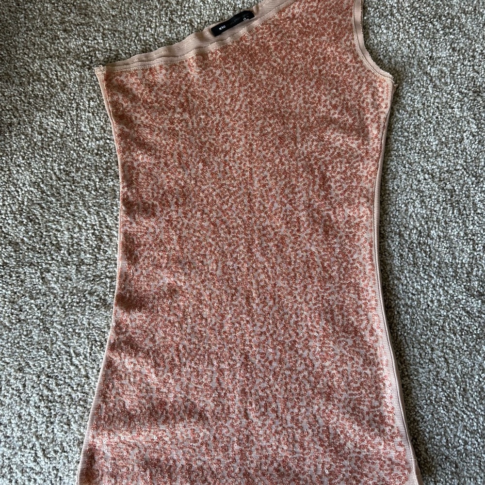 Mango One-Shoulder Delicate Sequin Dress – Old Rose – Size S